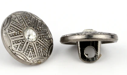 Vintage Engraved Metal Shank Button with Crystal Stone