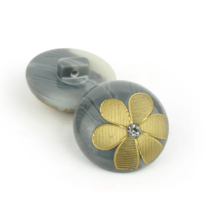 Black Floral Resin Button with Blue Crystal – Decorative Sewing Button