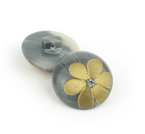 Black Floral Resin Button with Blue Crystal – Decorative Sewing Button